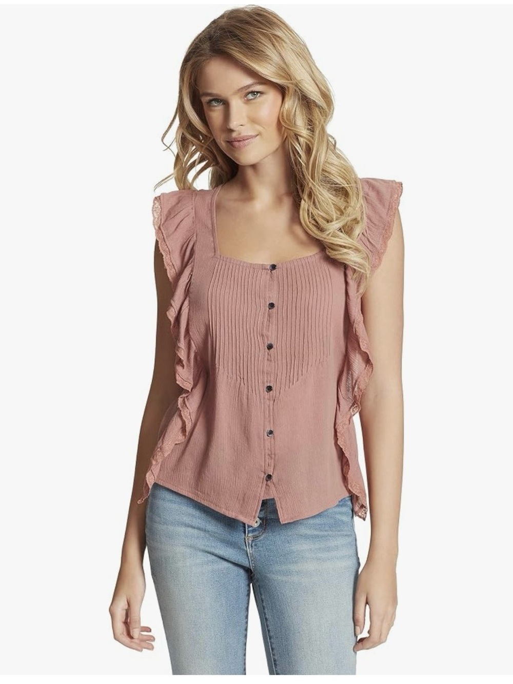 Jessica Simpson Sleeveless Ruffle Button-Front Top in Peach Skin